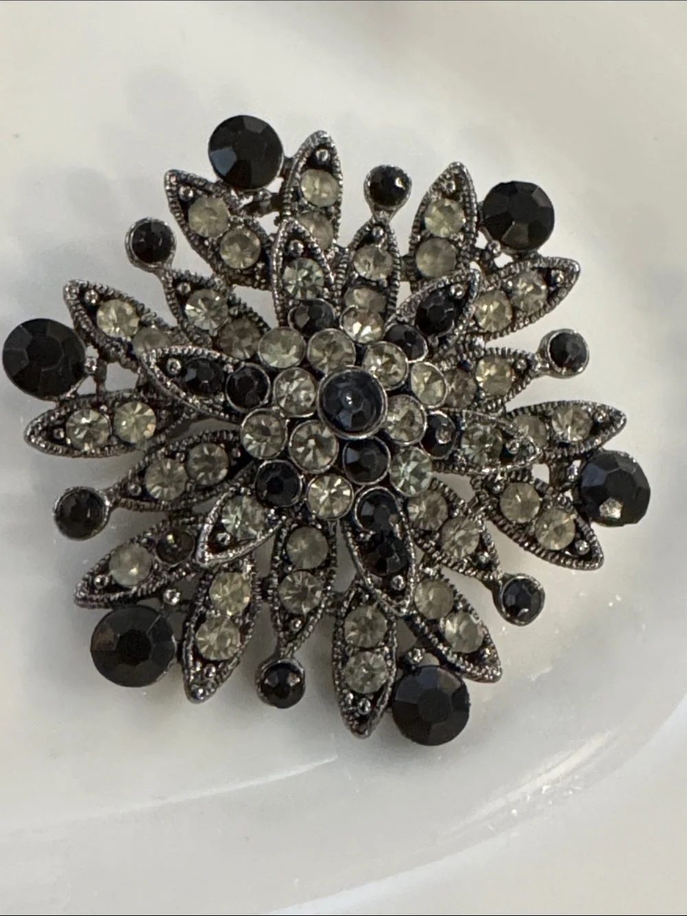 Vintage-Inspired Black and Clear Crystal Floral Brooch - Unbranded